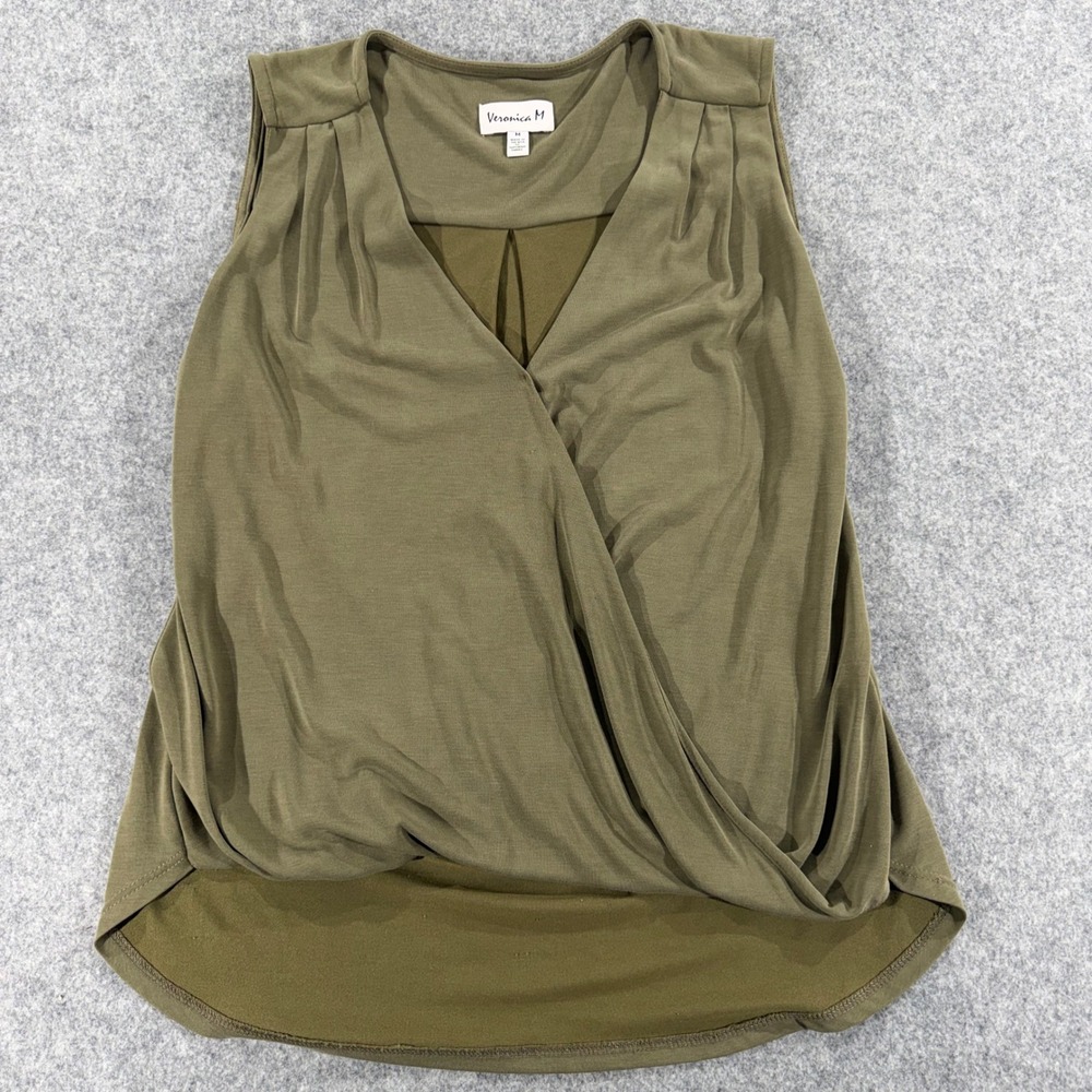 Veronica M Womens Olive Green Sleeveless Surplice Wrap V-Neck Blouse Top Medium